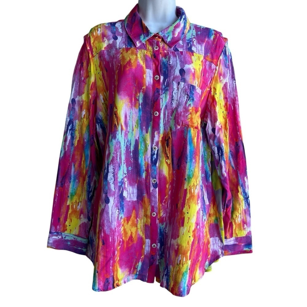 Soft Surroundings Contrast Tunic Top Shirt Embroidered Beads Multicolor Size XL